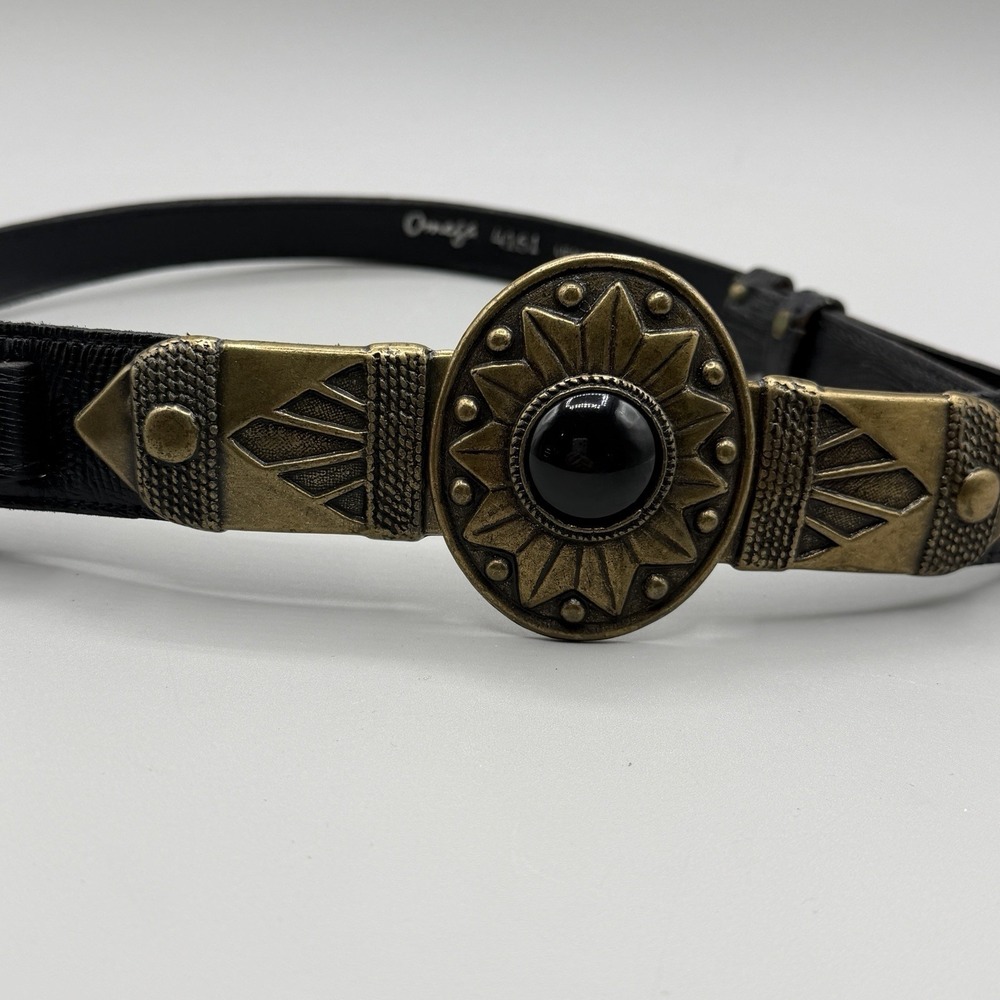 Vtg Omega Brass Arrowhead Clasp Buckle Black Leather Belt Women's Sz M 34" X 2"